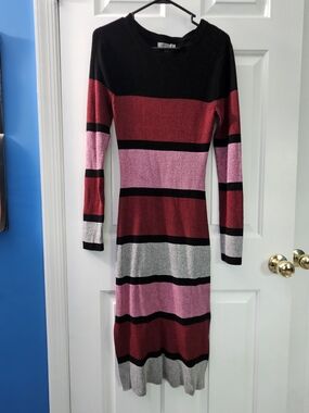 Long Sleeve Striped Knit Midi Dress in Black, Red, Pink & Gray